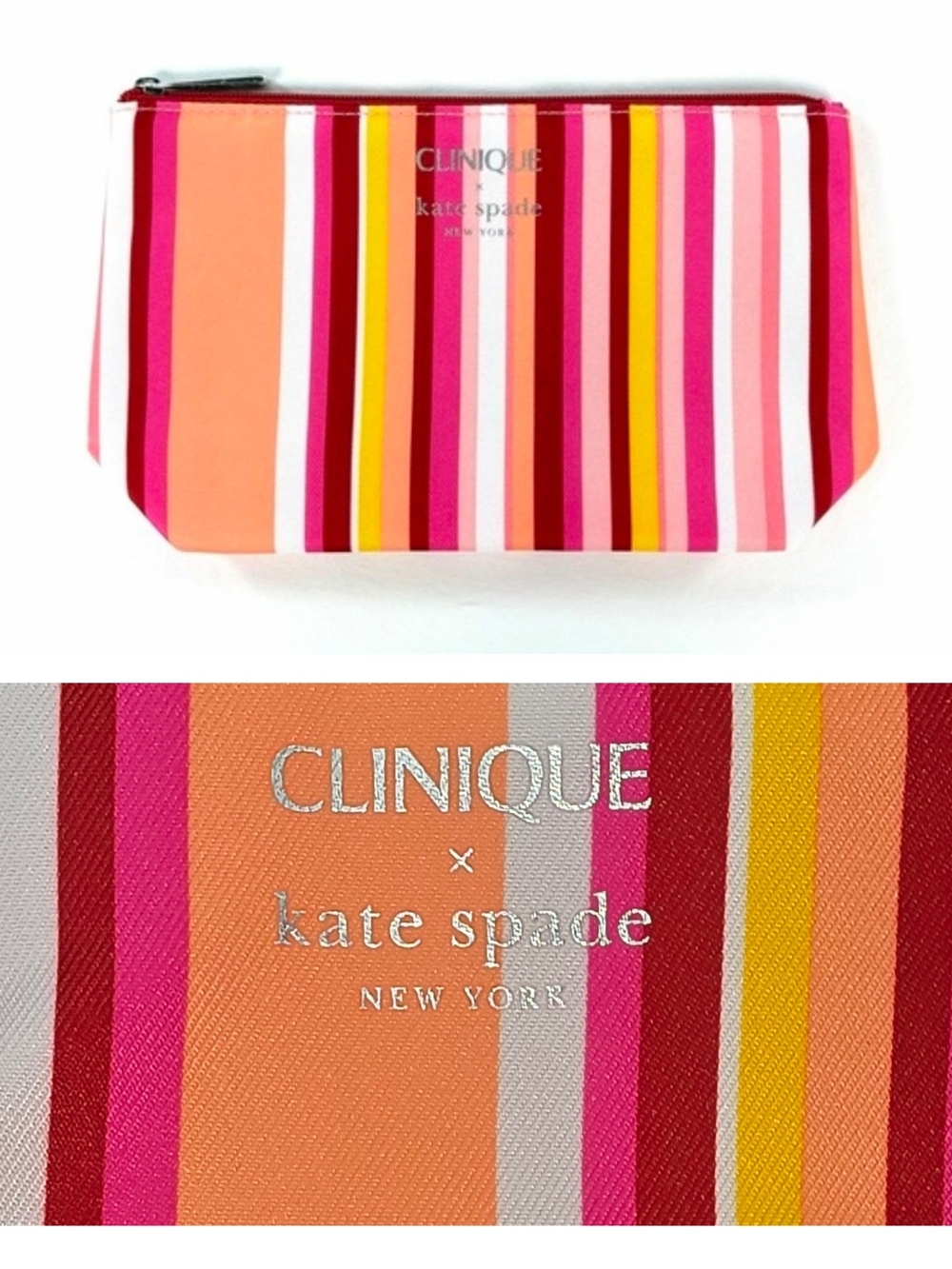 NEW Clinique x Kate Spade Pink Multi-Stripe Cosmetic Bag 4092-
